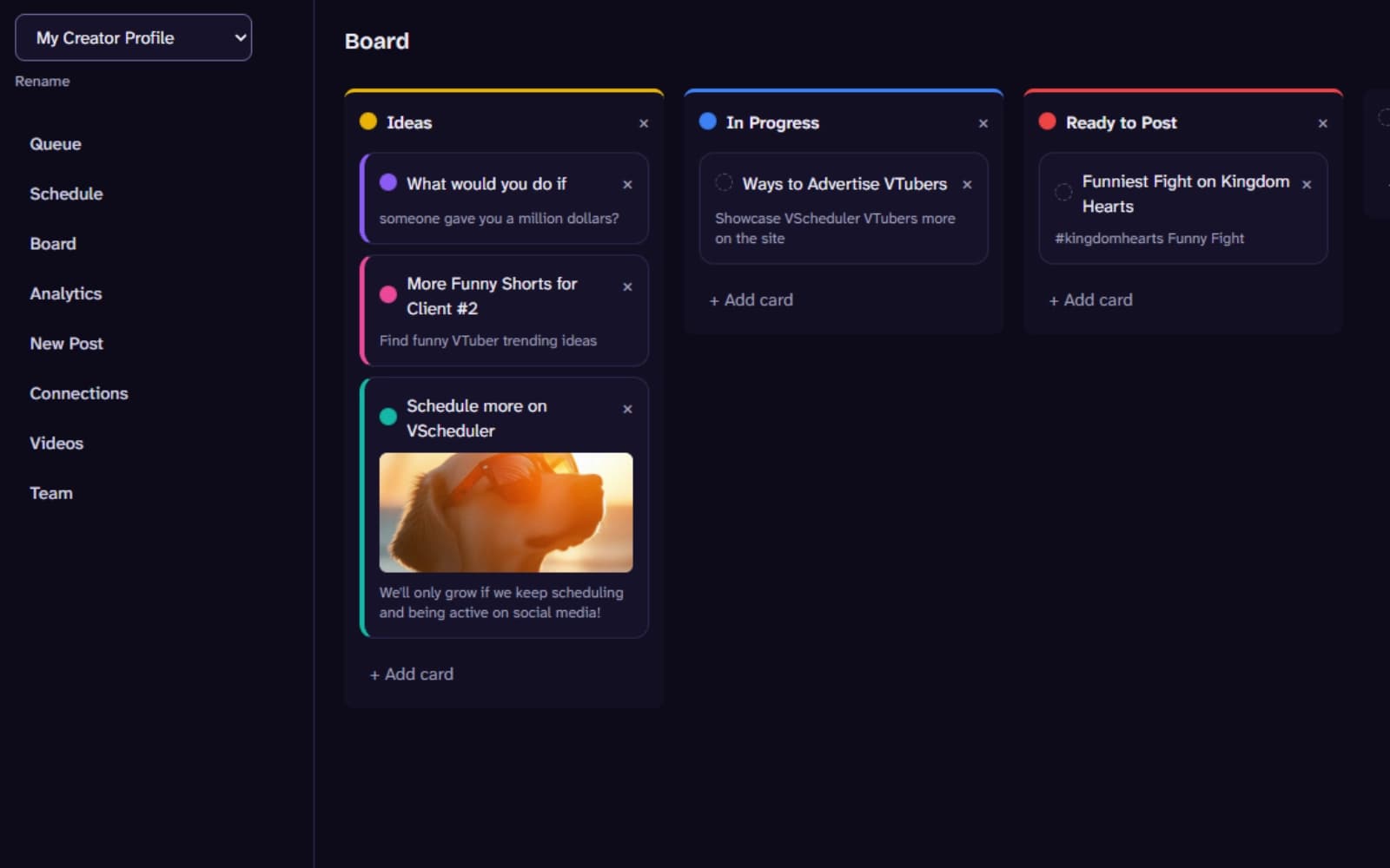 The Board view with Ideas, In Progress, and Ready to Post columns of content cards.