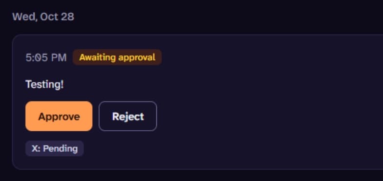 A post in the Queue awaiting approval, with Approve and Reject buttons.