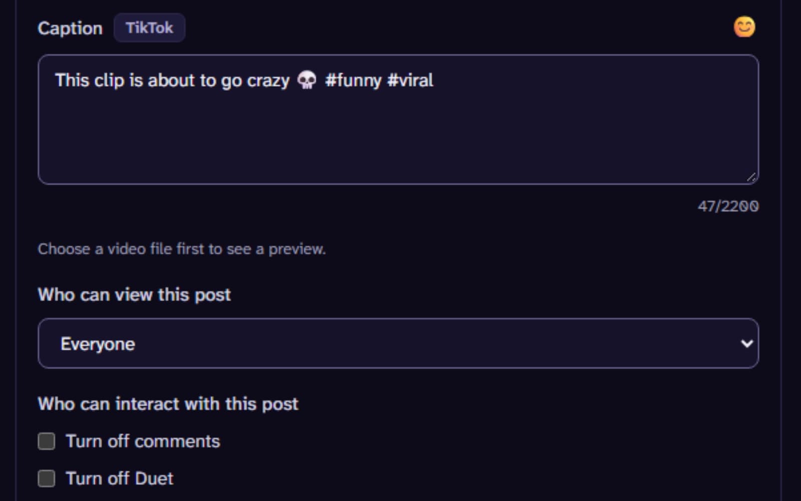 The composer's TikTok section: a caption, who can view the post, and switches to turn off comments and Duet.