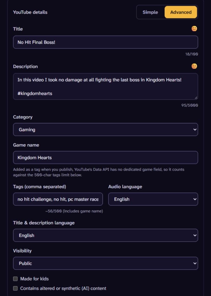 YouTube details in the composer: title, description, category, game name, tags, languages, visibility, and disclosure checkboxes.