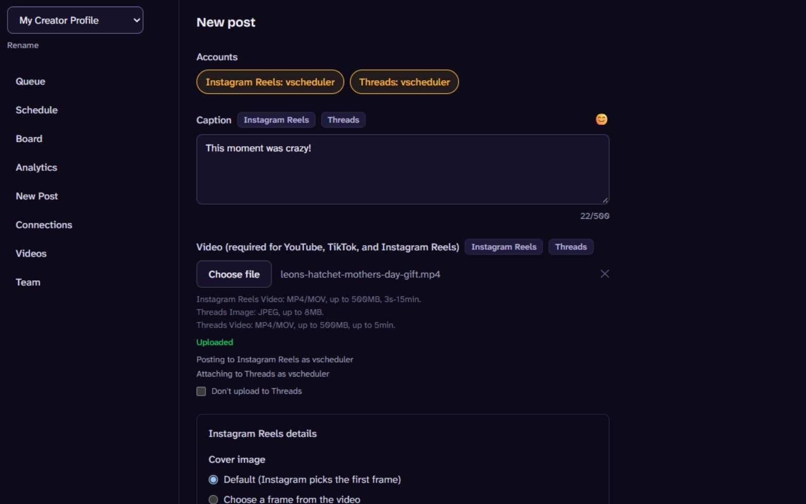 The New post composer with Instagram Reels and Threads accounts selected, a shared caption, and a video attached.