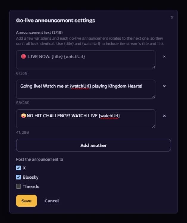 Go-live announcement settings with three rotating announcement messages and the platforms they post to.
