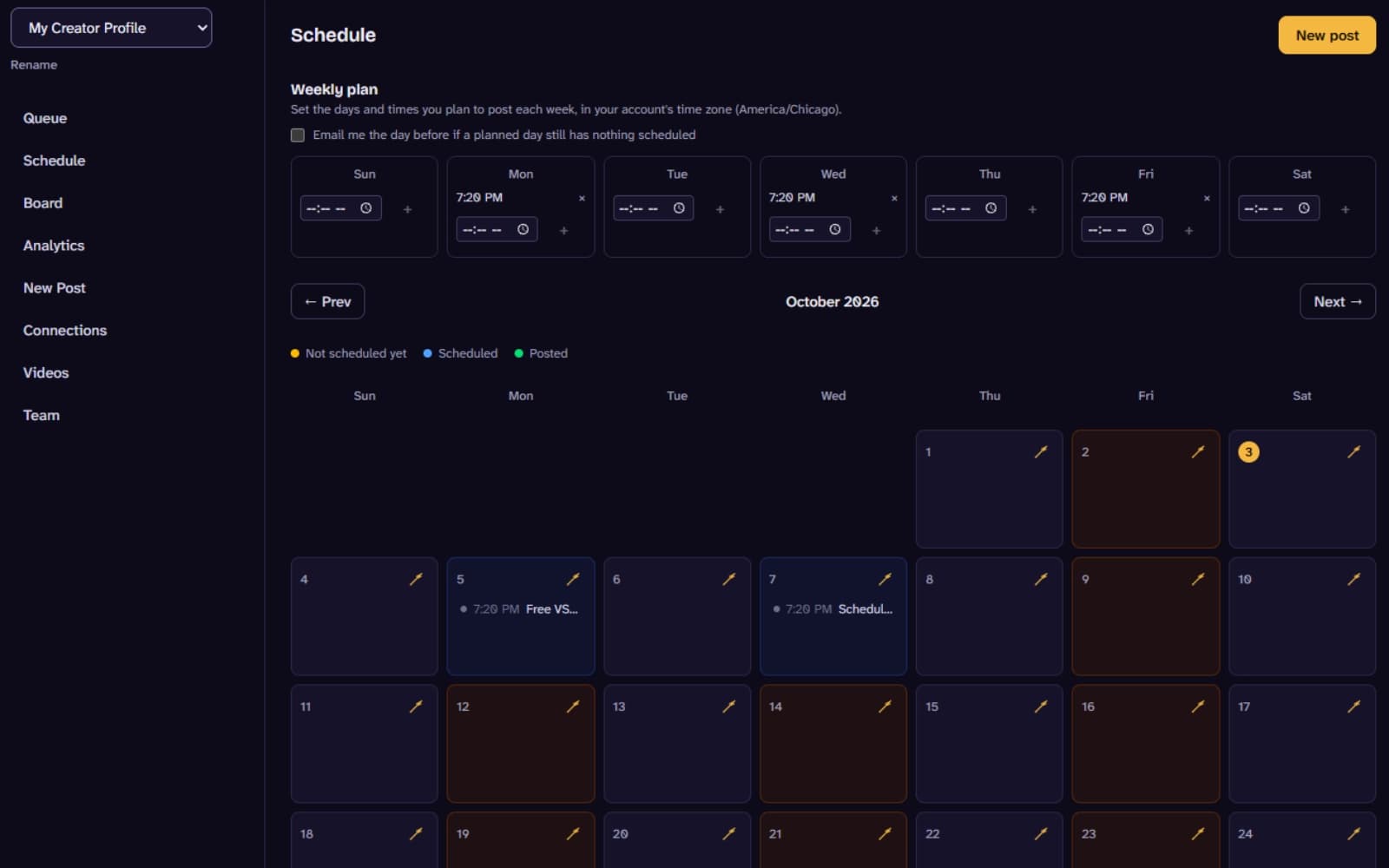 VScheduler's Schedule page: a weekly posting plan with set times above a monthly calendar of scheduled and posted days.